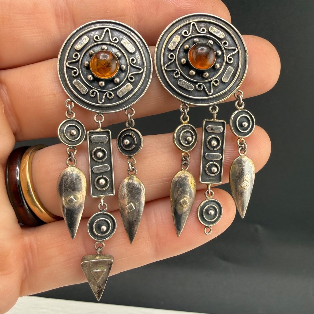 Vintage Estate Dangle Earrings Silver Tribal Ethnic Pierced Orange Stone 9.8g
